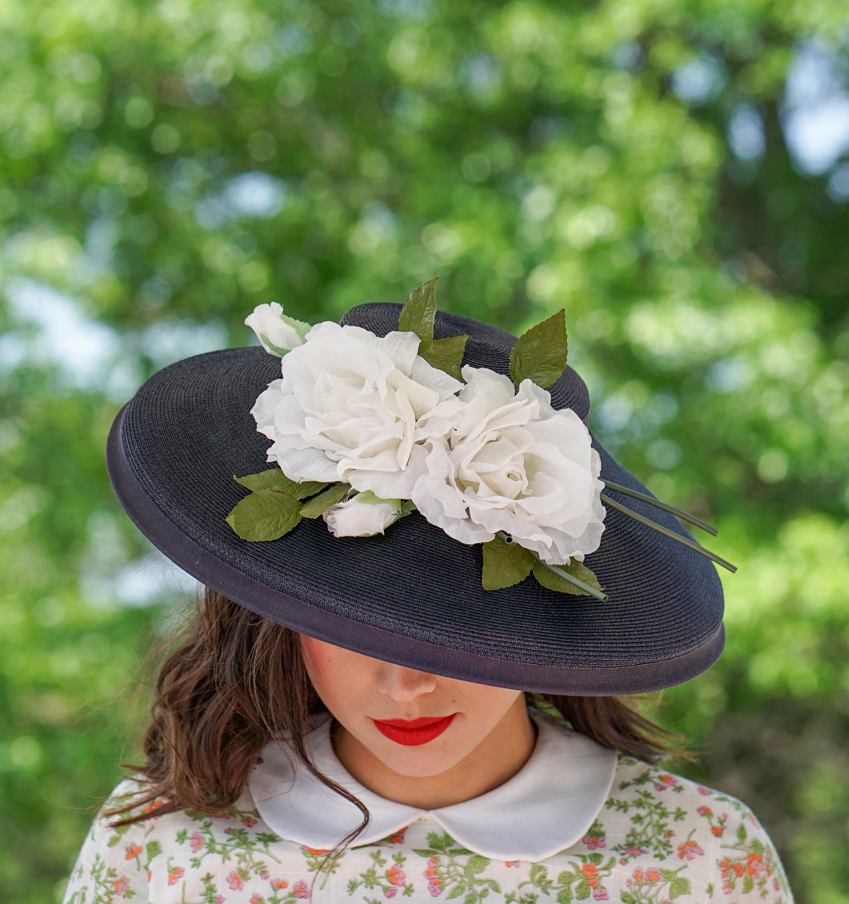 Vintage Floral Cartwheel Hat, Vintage Tilt Hat, 1940s-50s  display picture 2