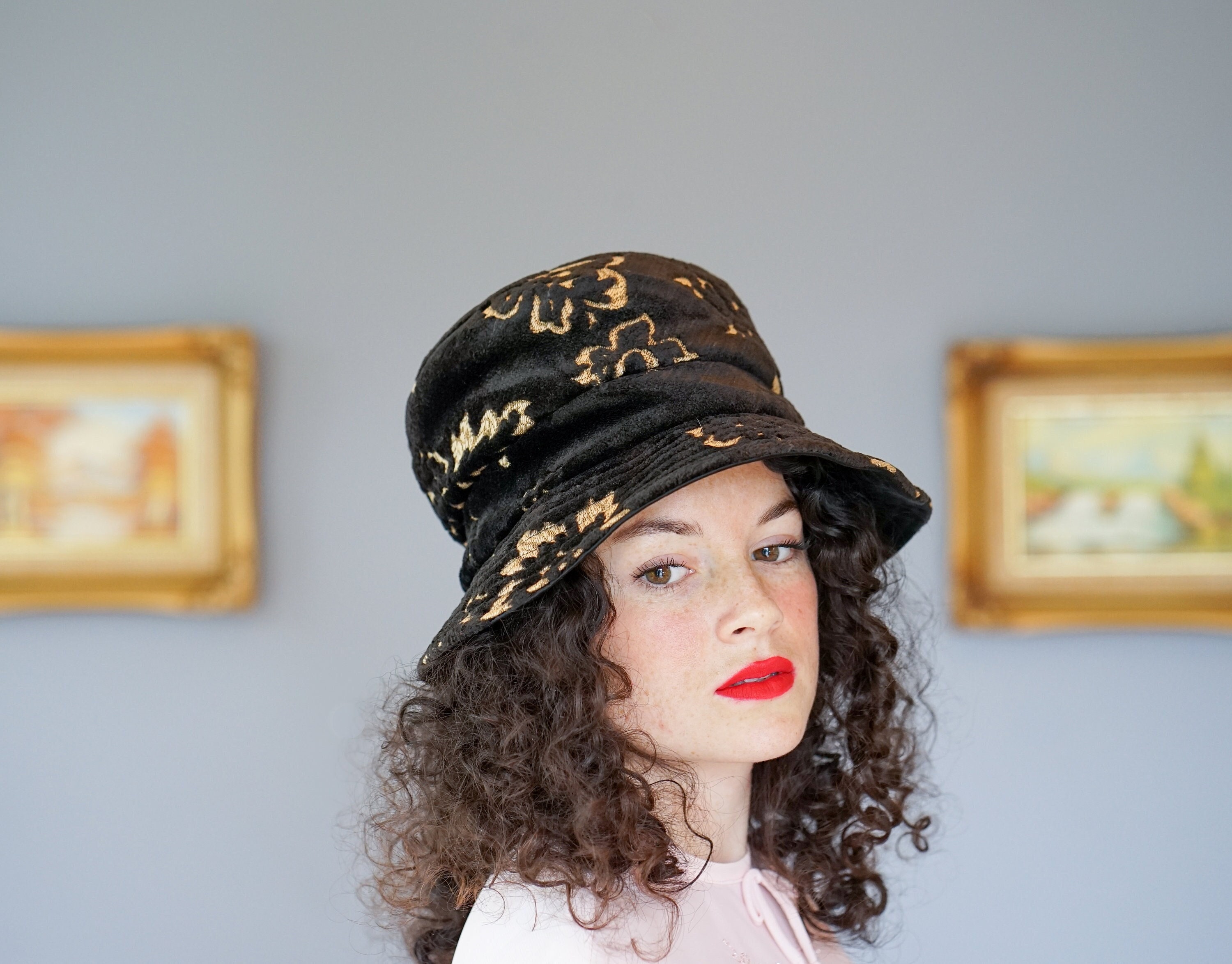 Vintage Floral Cut Velvet Bucket Hat, 1960s Hat, Vintage  display picture 3
