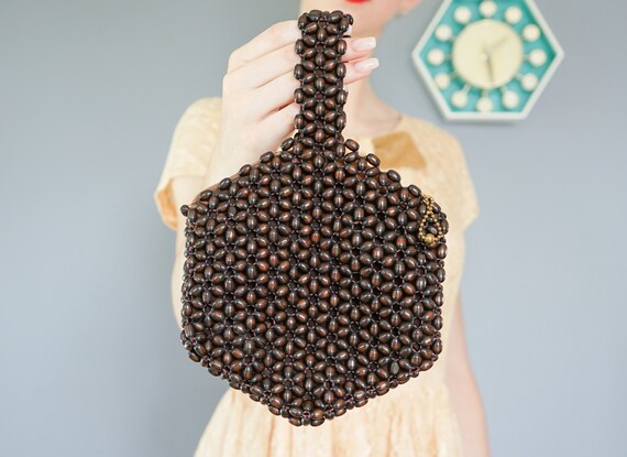Vintage 1930s Czechoslovakia Wood Bead Bag/ Wrist… - image 2