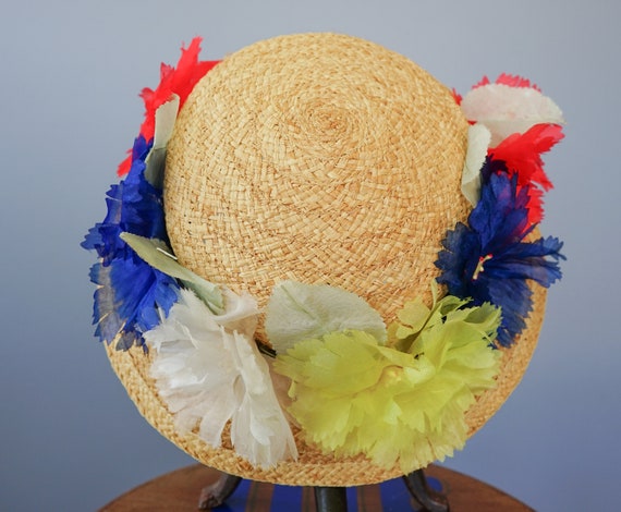 Vintage Floral Straw Bucket Hat, Boater Hat, 1960… - image 9