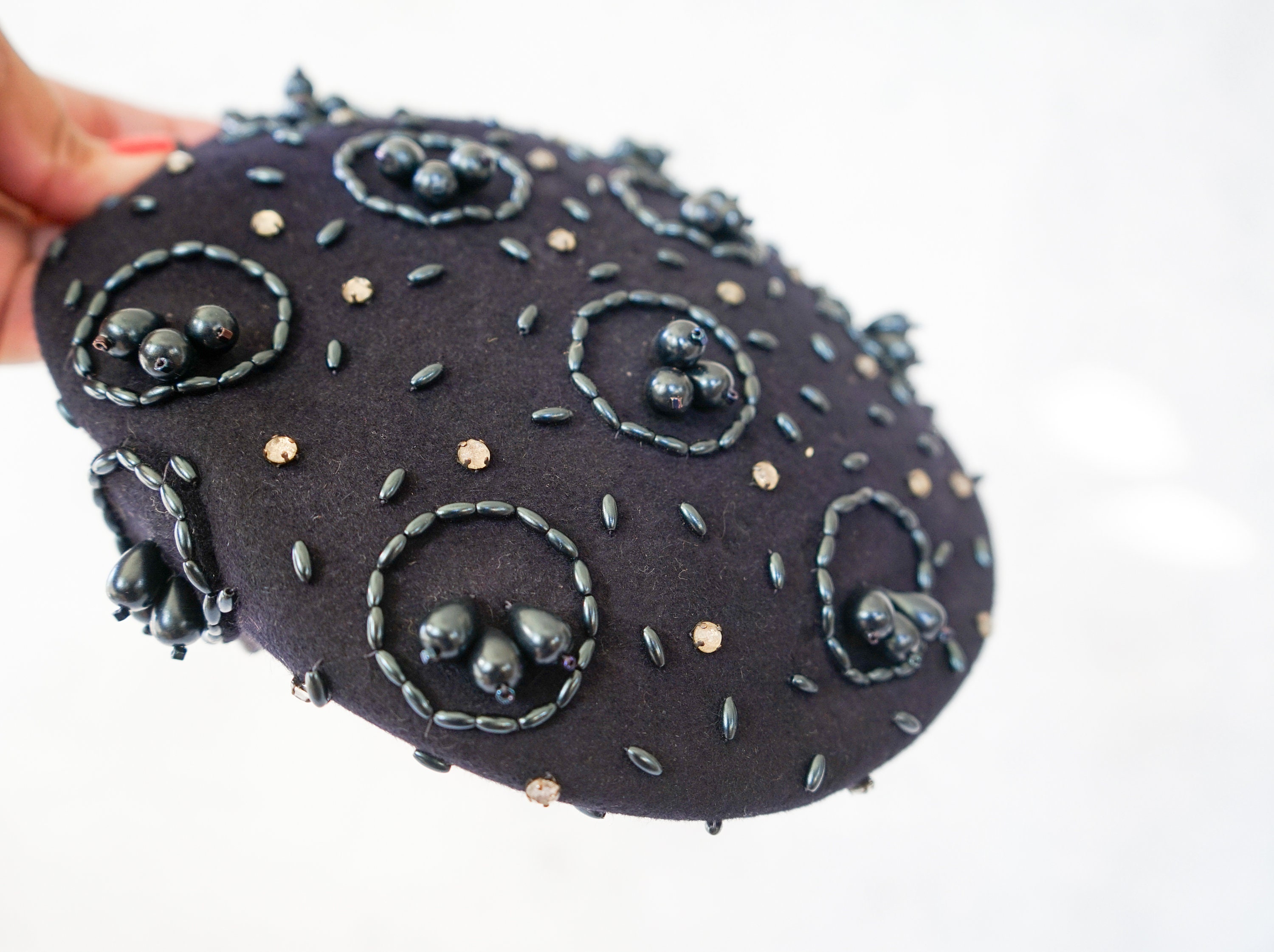 Vintage MCM Fle Chats Black Beaded Wool Felt French Cocktail Hat Felt Cocktail Hats - Etsy main image 3