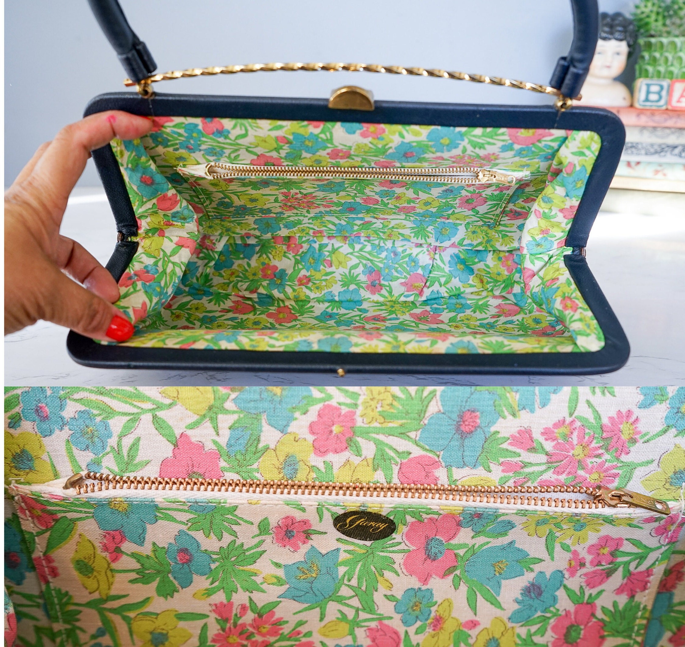 Vintage Faux Leather Floral Framed Purse/ 1950s Purse/ Vintage