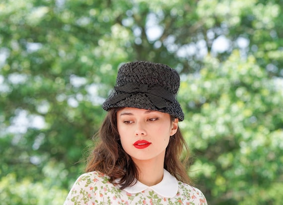 Vintage 50s Black Cellulose Woven Cloche Hat Veiled Mid-Century Mod MCM Bucket Vintage Straw Bucket Hat With Veil, 1950s-60s Hat, Vintage  main image 4