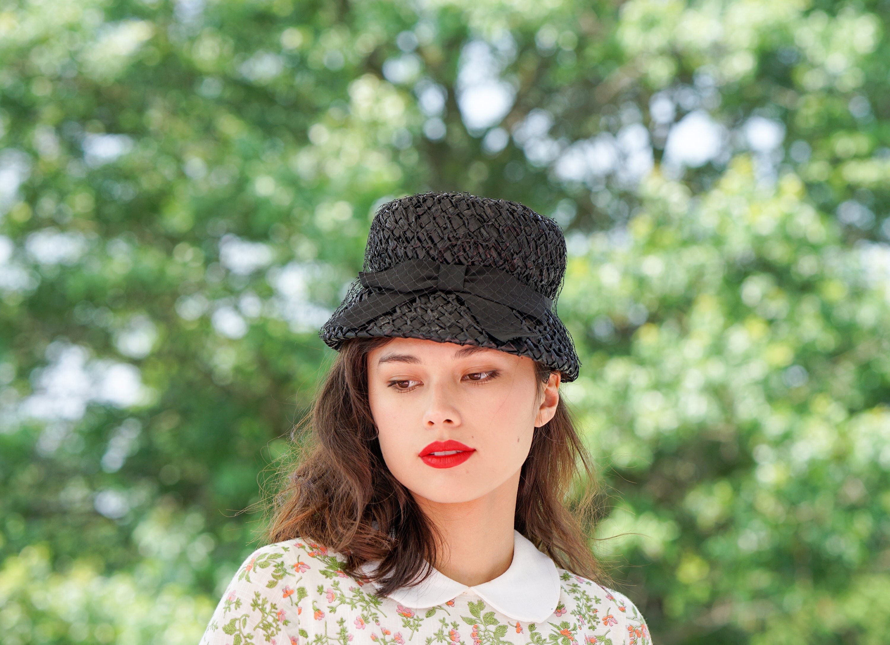 Vintage Straw Bucket Hat With Veil, 1950s-60s Hat, Vintage  display picture 2
