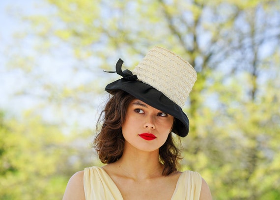 Vintage Straw Bucket Hat, Cloche Hat, 1950s-60s H… - image 1