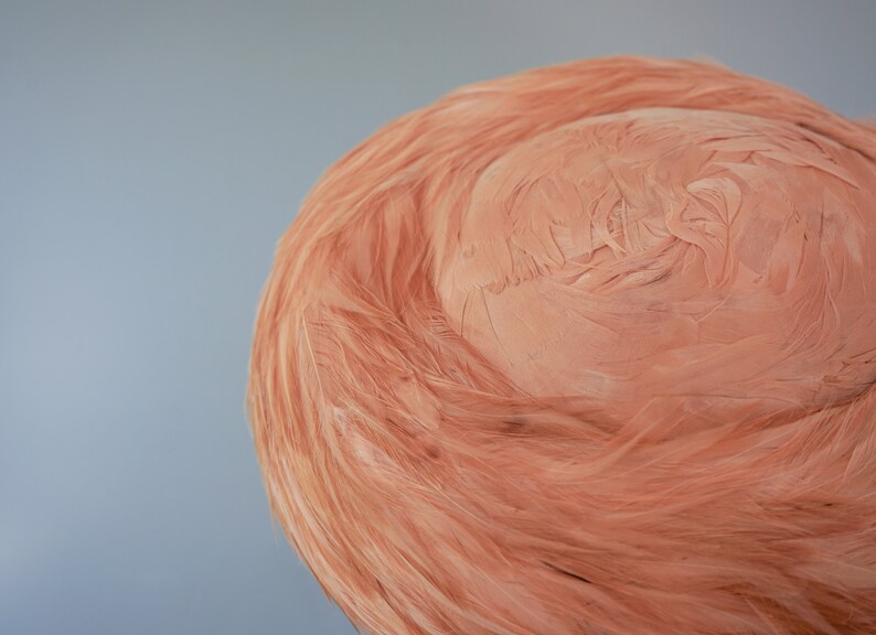 May include: A close-up of a light peach-colored, round, woven hat. The hat is made of a soft, fibrous material that resembles feathers.