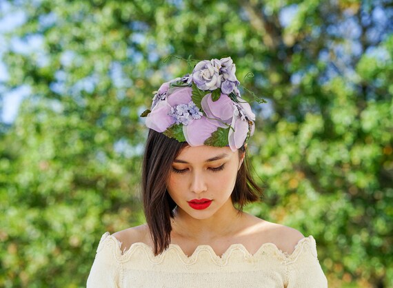 Vintage Floral Cloche-Coolie Hat with Box, Dome Ha