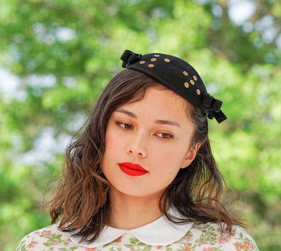Vintage Floral Bead Calot Hat, Half Hat, 1940s-50… - image 2
