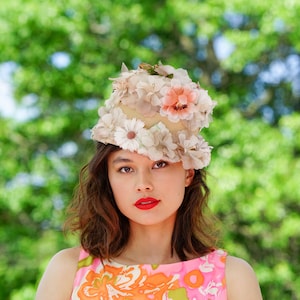 Vintage Floral Cloche Hat, Vintage Hat, 1950s-1960s Hat, Vintage Mod Hat, Vintage Women Hat, Bucket Hat, Tea Party Hat, Kentucky Derby Hat