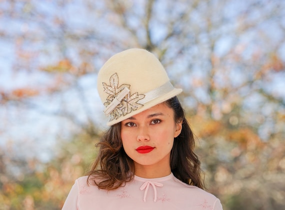 Vintage Beautiful Wool Hat With Sequined Brim Vintage Wool Sequin Bucket Hat, Cloche Hat, 1950s-60s Hat  main image 4