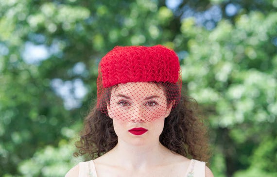 Vintage Ribbon Pillbox Veil Hat, 1950s-60s Hat, V… - image 1