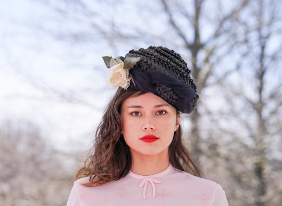 Vintage Floral Straw Cloche Hat, Vintage Hat, 195… - image 1