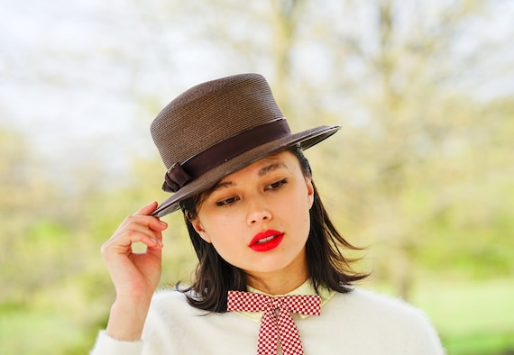 Vintage 60s Black Straw Wide Brim Picture Hat Union Made USA Grosgrain Bow Vintage 1960s Womens Black Woven Straw Wide Brim Hat With  main image 4