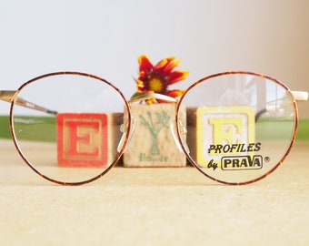 Vintage Eyeglasses 1990s/Glasses/New Old Stock/hipster/frames/ Gold tone semi round tortoiseshell enamel Made In Korea By Prava
