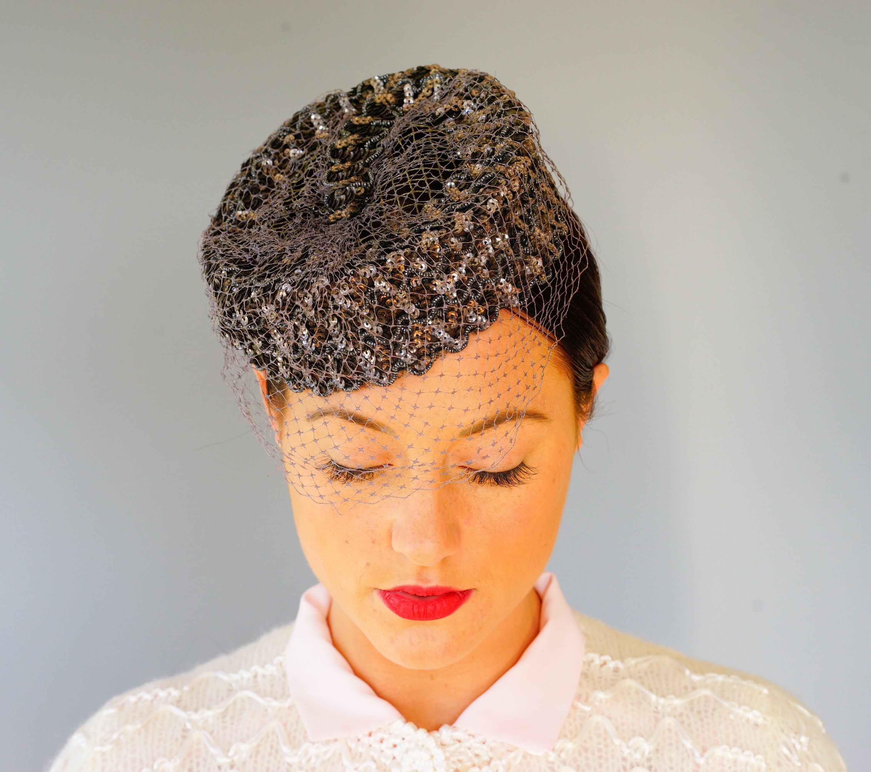 Vintage Sequin Pillbox Hat With Veil 