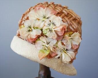 Vintage Straw Floral Cloche Hat, 1950s-60s Hat, Vintage Hat  display picture 1