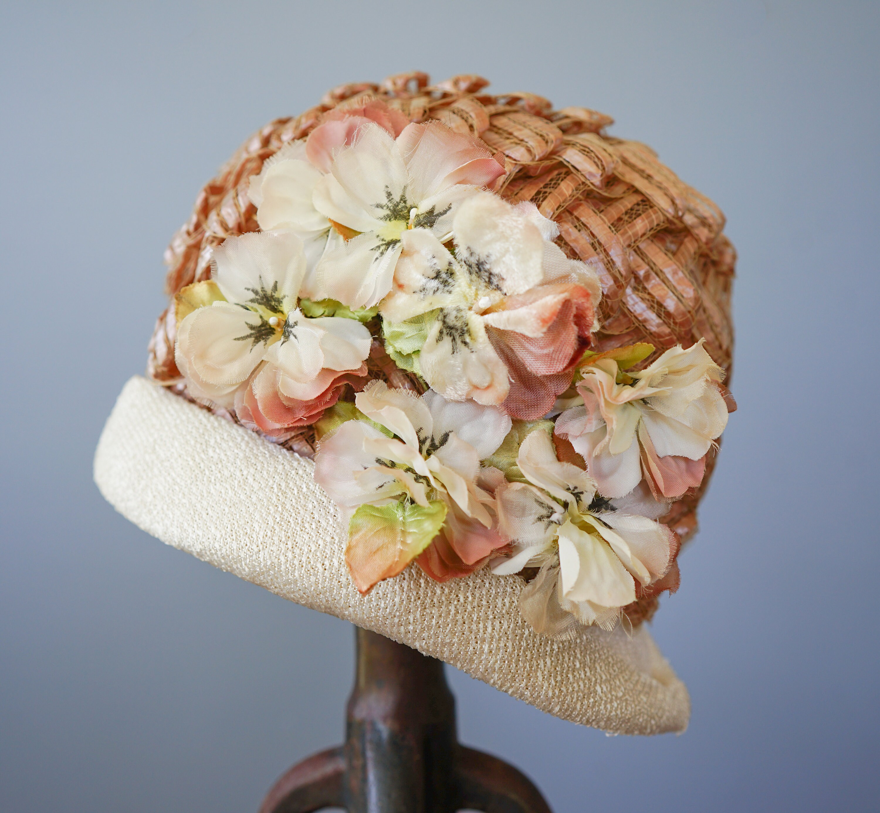 Vintage Straw Floral Cloche Hat, 1950s-60s Hat, Vintage Hat 