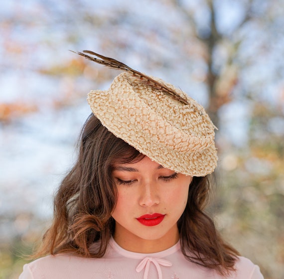 Vintage Straw Boater Feather Hat, Sailor Hat, 195… - image 4