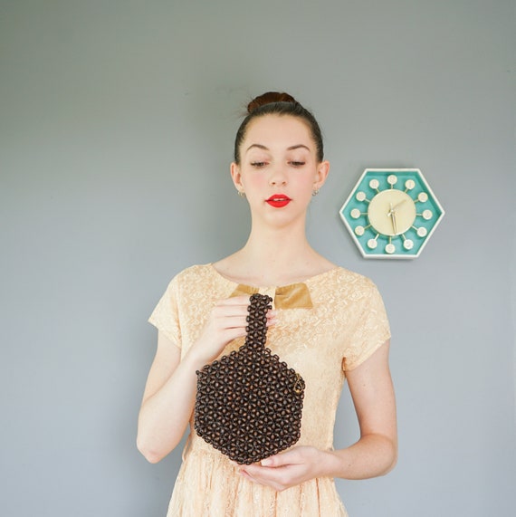 Vintage 1930s Czechoslovakia Wood Bead Bag/ Wrist… - image 1