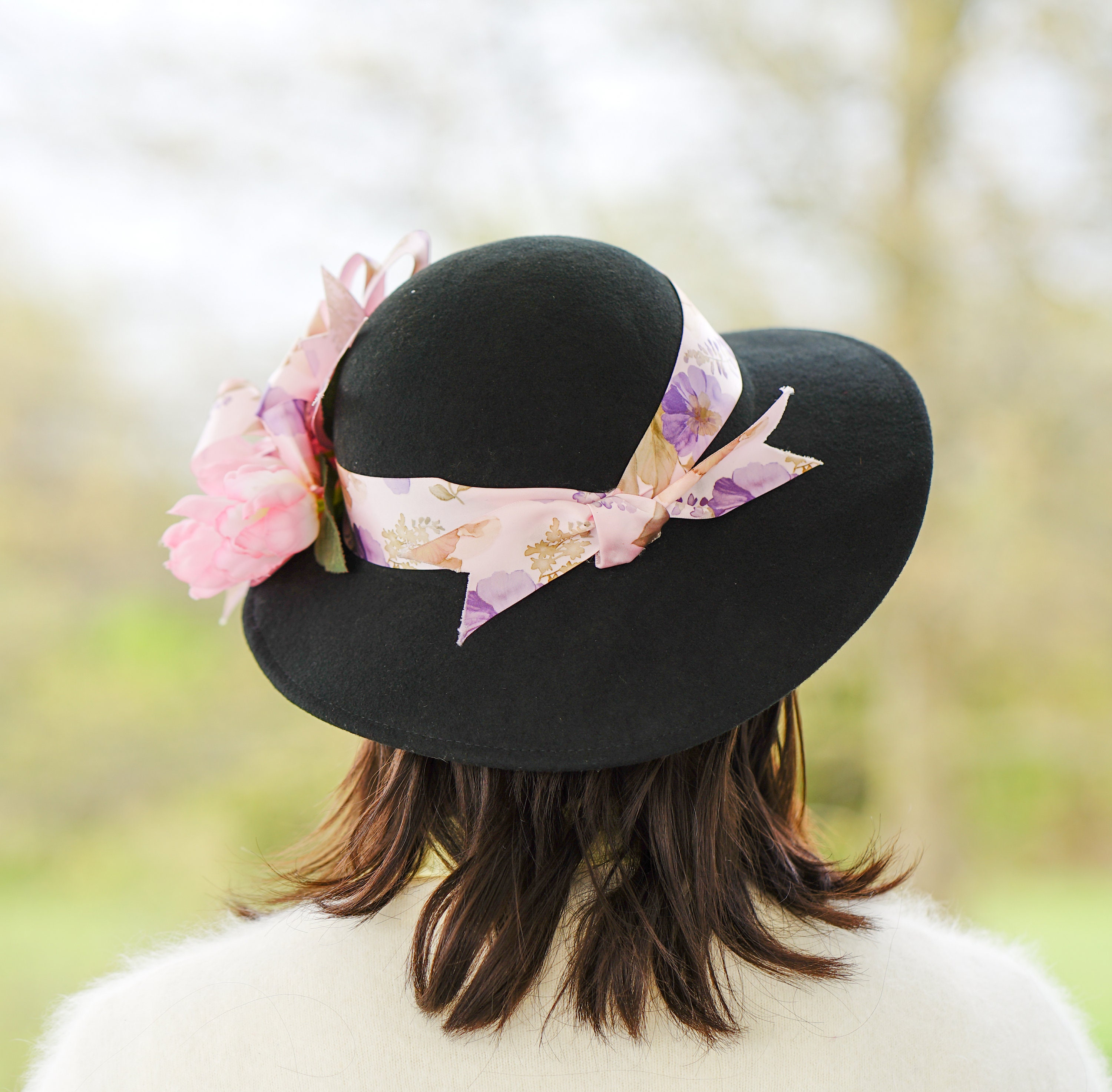 Vintage Floral Wool Bowler Hat, 1980s Hat, Wide Brim Hat Vintage Floral Wool Bowler Hat, 1980s Hat, Wide Brim Hat