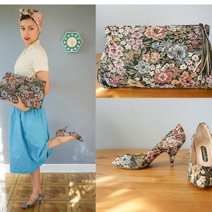 Conjunto de bolso y zapatos con tapiz vintage, zapatos y bolso de mano de los años 80, zapatos de tacón vintage, clutch vintage, bolso de mujer, ropa retro, conjunto de bolso vintage