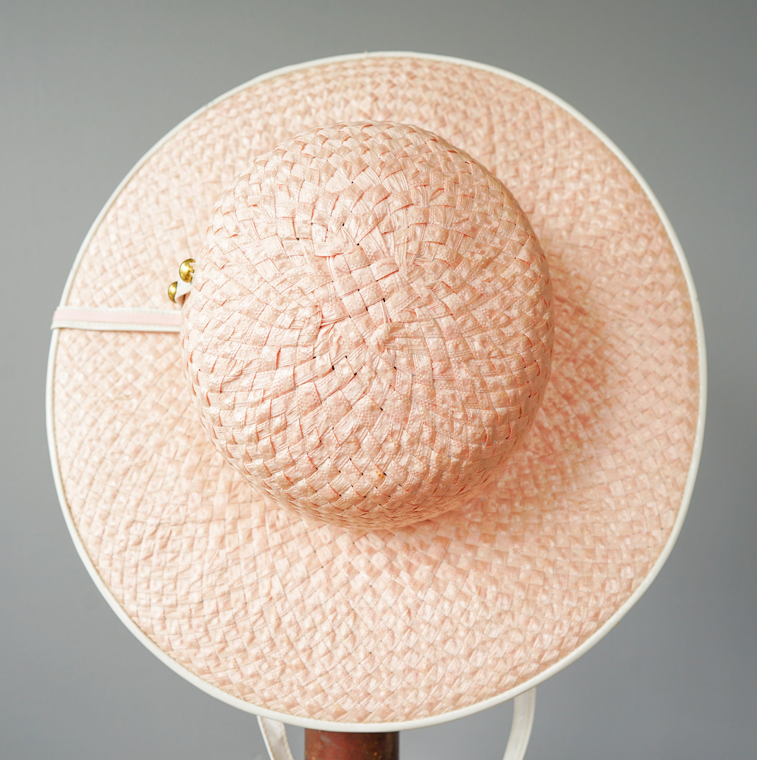 Vintage Adolfo New York Straw Hat Wide Brim Pink Floral Boater Derby Vintage Italy Straw Raffia Boater Hat, 1940s-50s Hat  main image 3