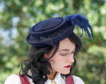 Vintage 1940s Wool Felt Feather Breton Hat With Veil by New  display picture 2