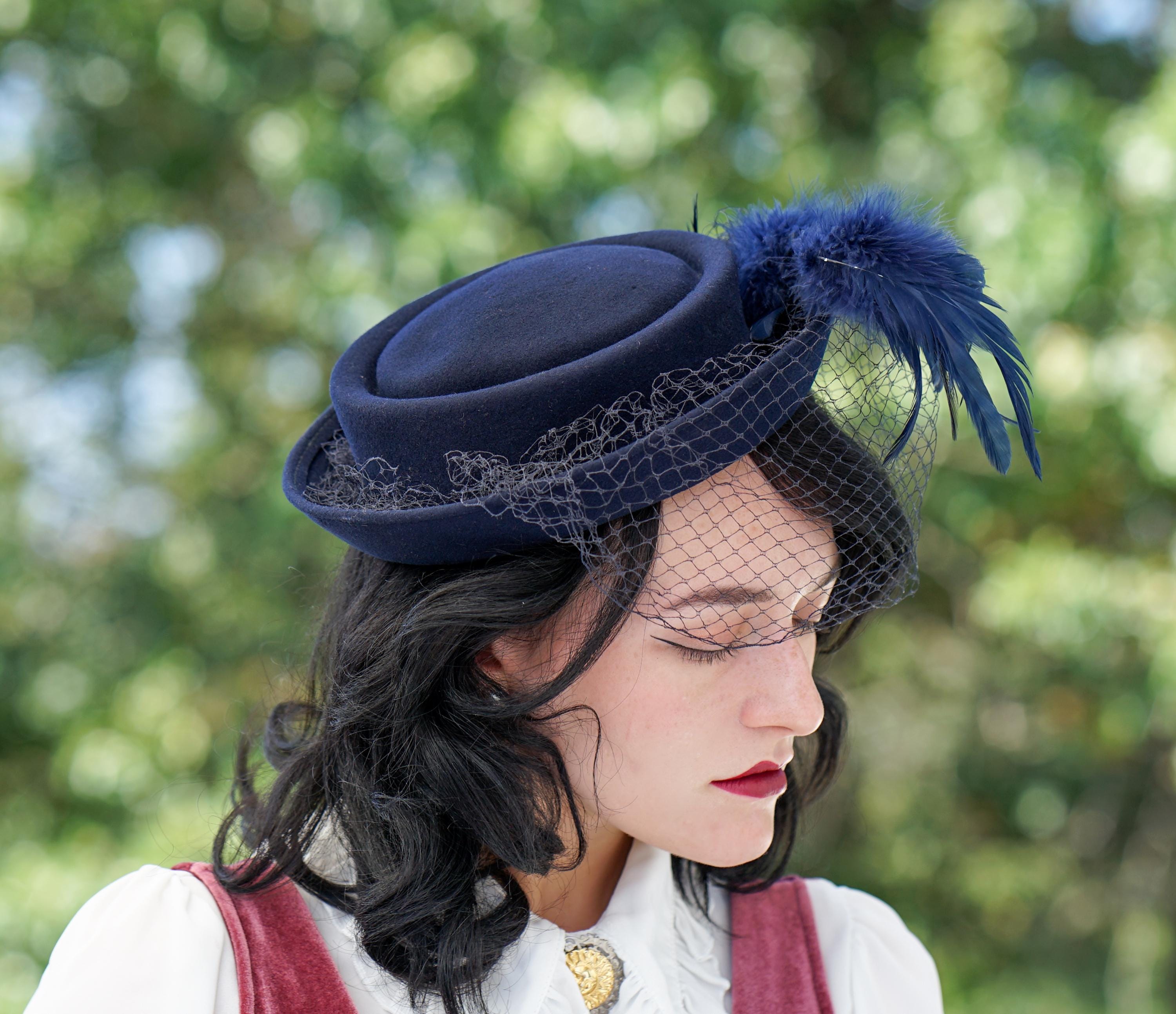 Vintage 1940s Wool Felt Feather Breton Hat With Veil by New 