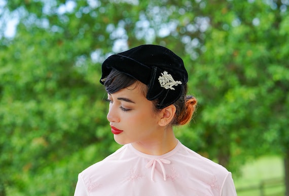Vintage Black Velvet Rhinestone Half Hat, Vintage
