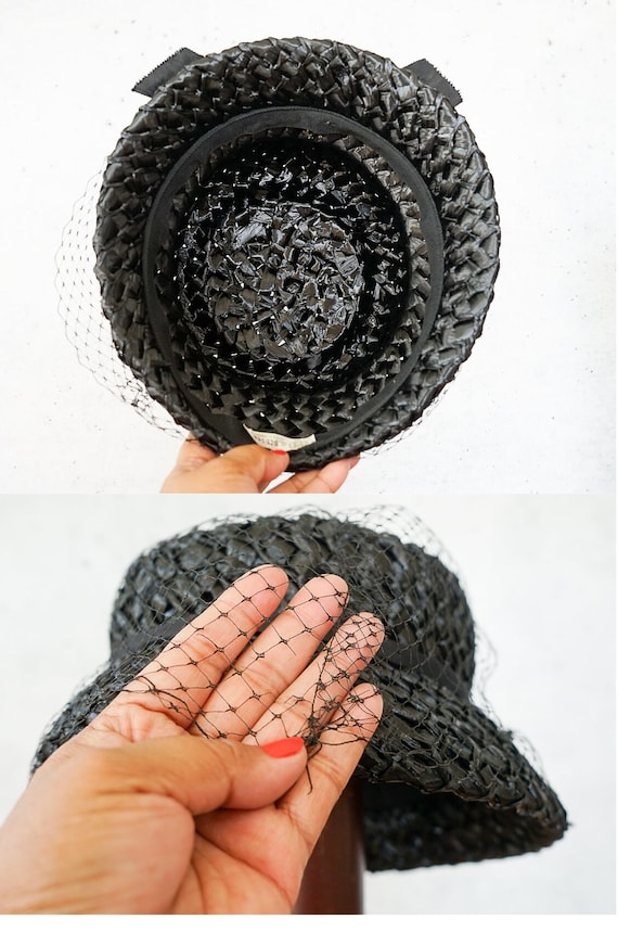 Vintage Straw Bucket Hat With Veil, 1950s-60s Hat, Vintage  display picture 1