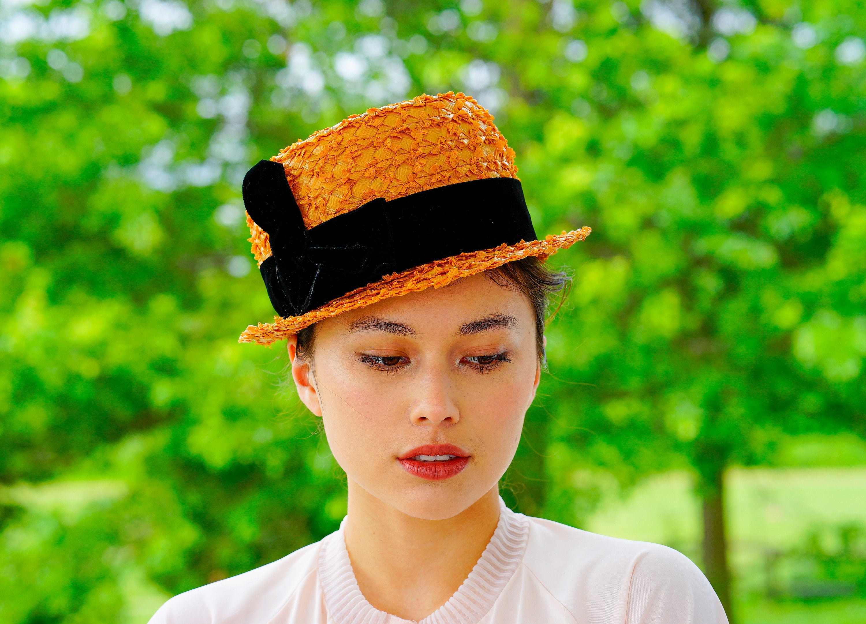 Vintage Straw Boater Hat 1950s-60s Hat 