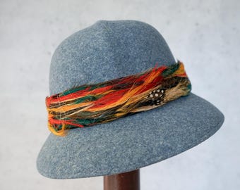 Vintage Feather Wool Felt Bucket Hat, 1960s-70s Hat, Fall  display picture 1