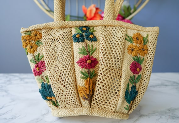 Vintage Straw Raffia Floral Embroidery Purse/ Vin… - image 7