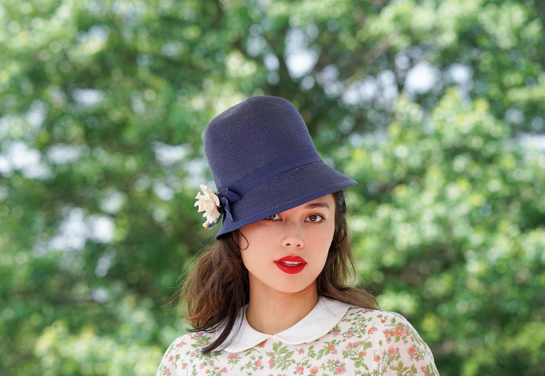 Vintage Floral Straw Bucket Hat, Cloche Hat, Vintage Hat, 1950s