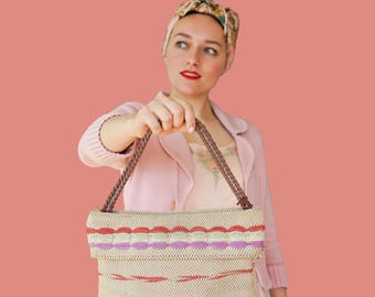 Vintage braided Fabric Tote Bag: 1940s Purse, Vintage Pocketbook Handbag Woman Bag, Retro MCM Purse, Cottagecore Boho Hippie Bag