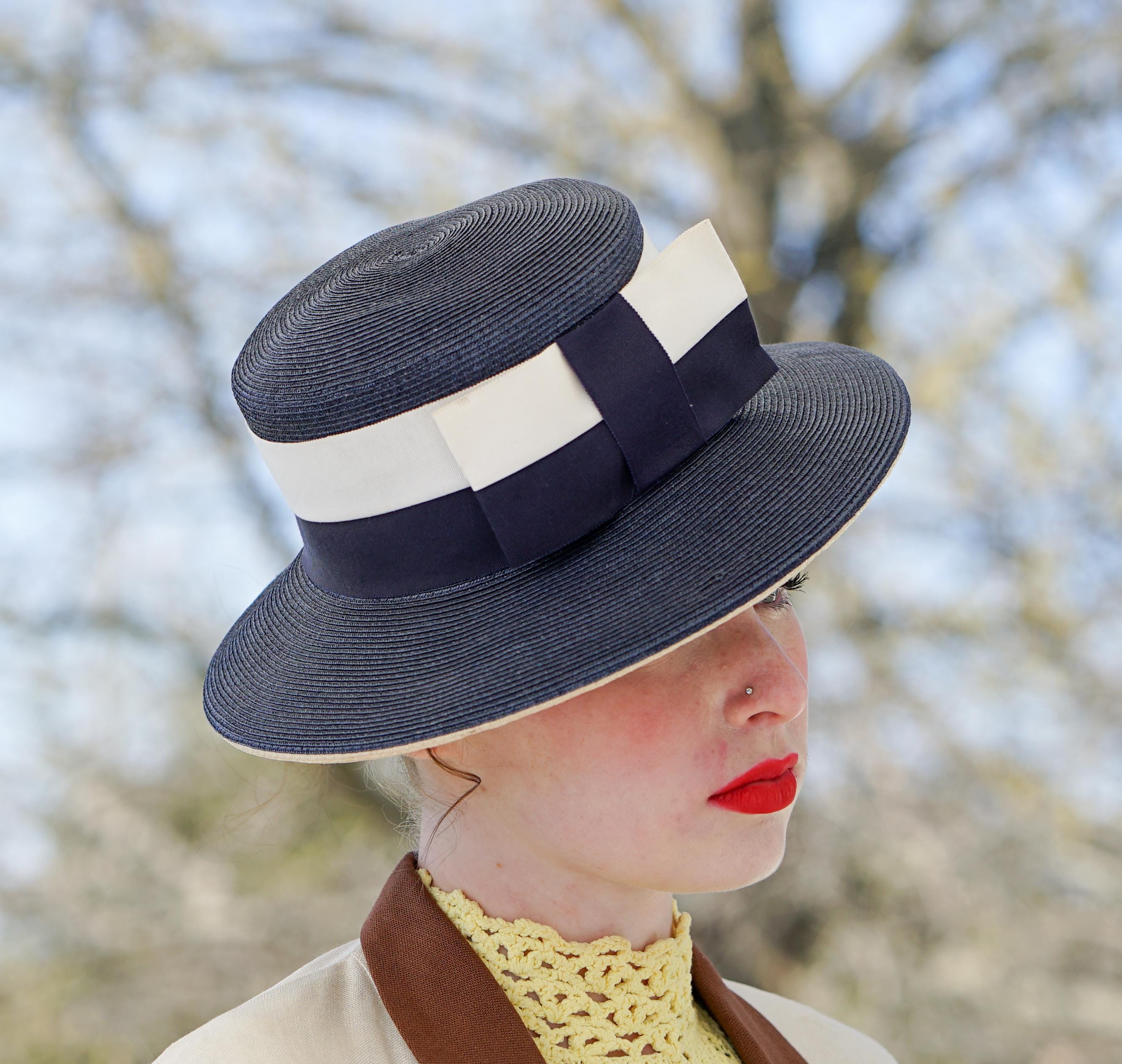 VTG Straw Boater Hat Red Ribbon 50s 60s Derby Garden Party Italian Made Vintage Italy Straw Raffia Boater Hat, 1940s-50s Hat  main image 2