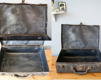 Antique Vintage Metal Suitcase/ Vintage Train Trunk/ 1920s-30s 