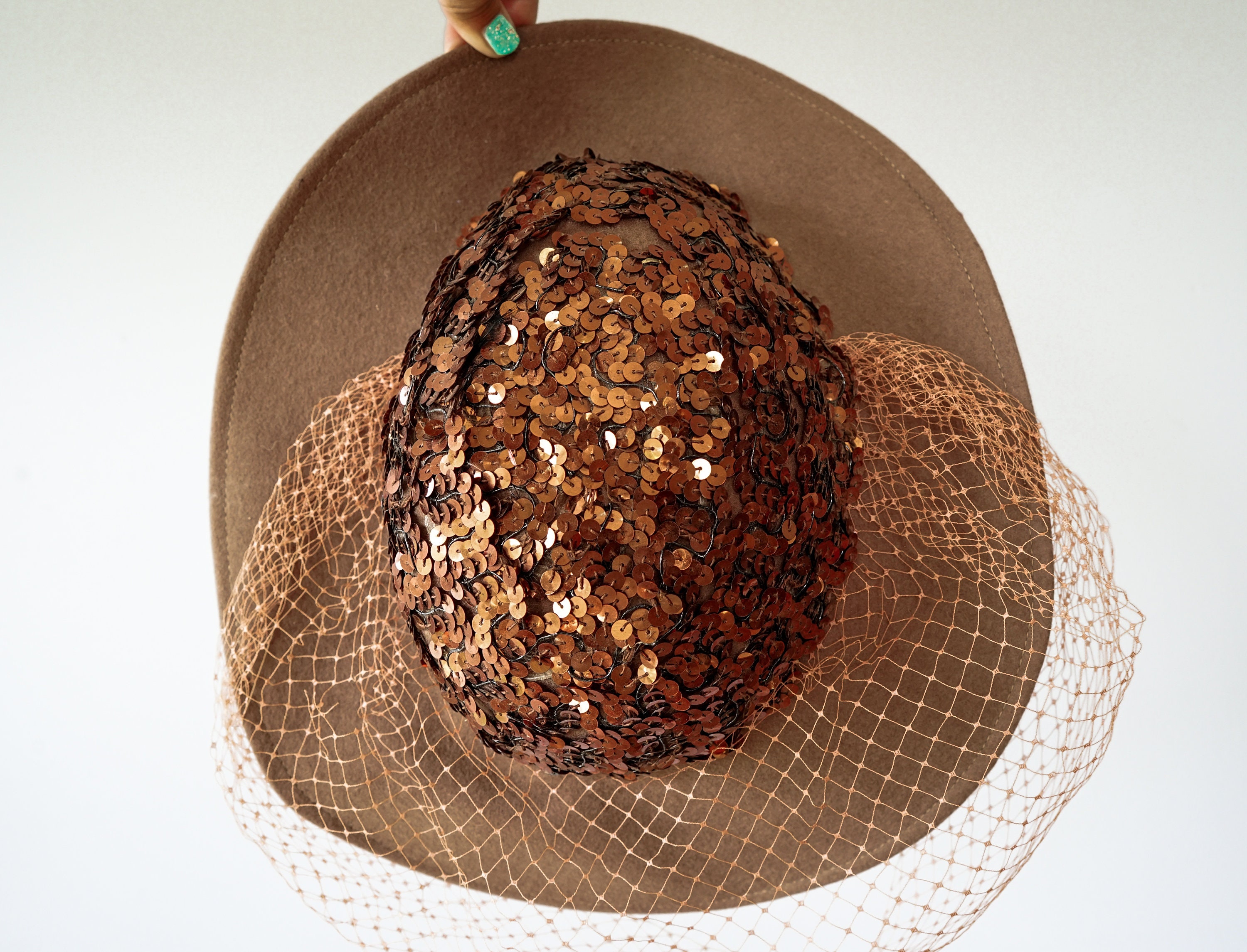 Vintage Wool Felt Sequin Tilt Hat, Cartwheel Hat, 1950s-60s 