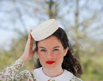 Vintage Beaded Lace Pillbox Hat, Bridal Headband Hat, 1950s-60s Hat, Vintage Hat, Wedding Hat, Vintage Women Hat, Church Hat, Tea Party Hat