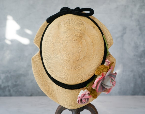 Vintage Flower Straw Mini Boater Hat, Half Hat, 1… - image 8