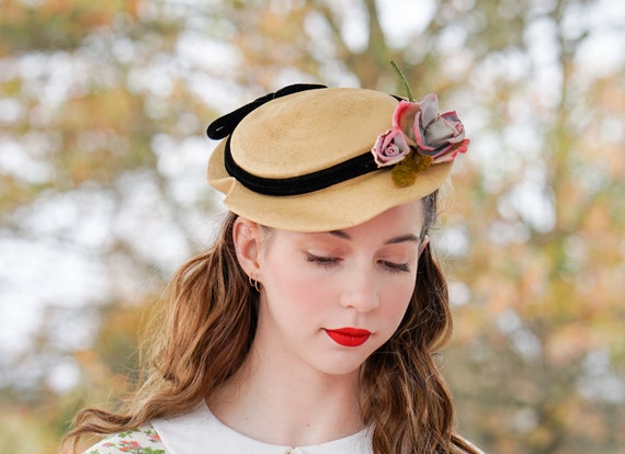 Vintage Flower Straw Mini Boater Hat, Half Hat, 1… - image 2