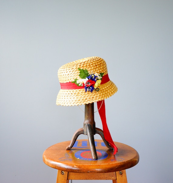 Vintage Straw Hat with Flower, Sailor Hat, 1950s … - image 9