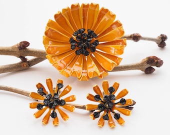 Vintage Enamel Jewelry Set, Floral Jewelry Set, Vintage Enamel Brooch Earring, 1950s Jewelry, Floral Jewelry, Demi Parure, Costume Jewelry