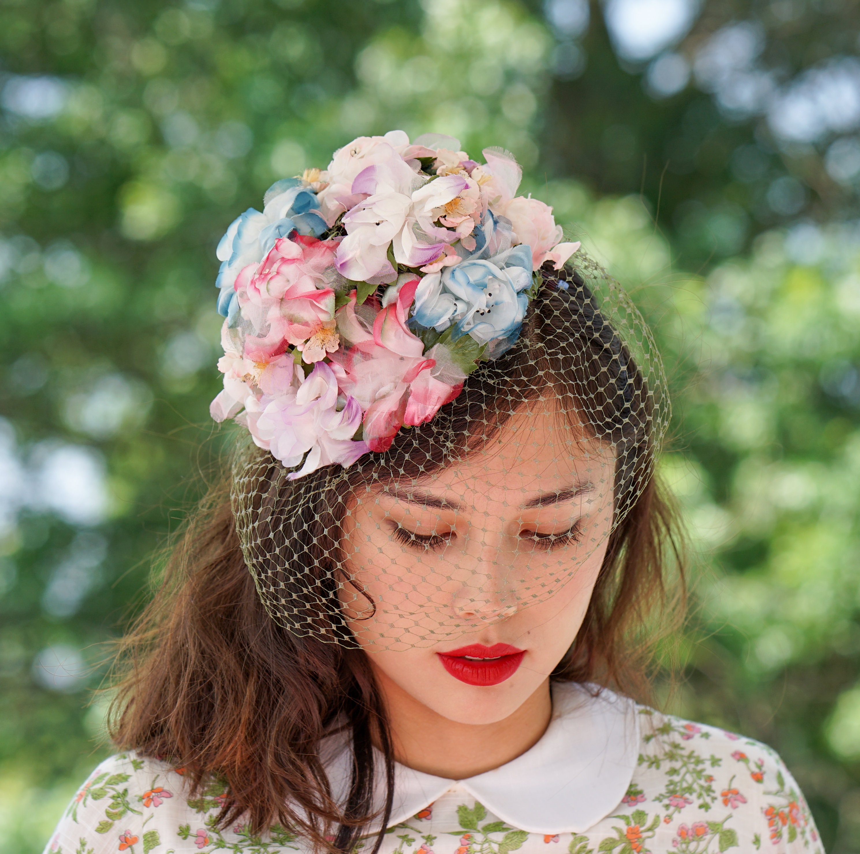 Vintage 1950’s Netted Pillbox Hat Mauve Nutmeg Silk Floral Vintage Floral Pillbox Hat With Veil, Vintage Hat, 1950s-60s  main image 2