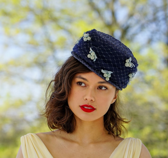 Vintage Straw Pillbox Hat with Berries, 1950s Hat, Vi… Gem