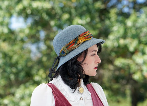Vintage Feather Wool Felt Bucket Hat, 1960s-70s H… - image 1