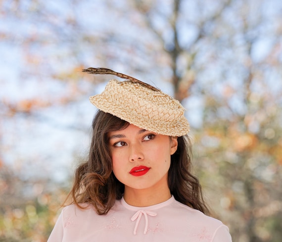 Vintage Straw Boater Feather Hat, Sailor Hat, 195… - image 1