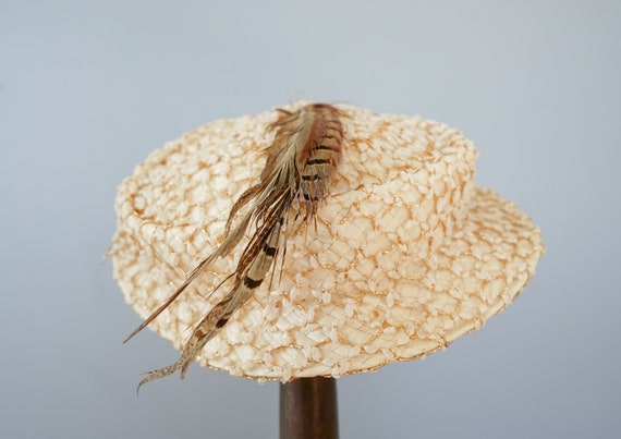 Vintage Straw Boater Feather Hat, Sailor Hat, 195… - image 8