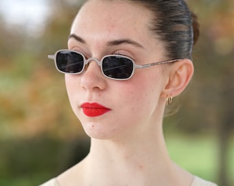Vintage Sunglasses 1990s semi oval shape Dark silver tone New Old Stock Y2k gorpecore