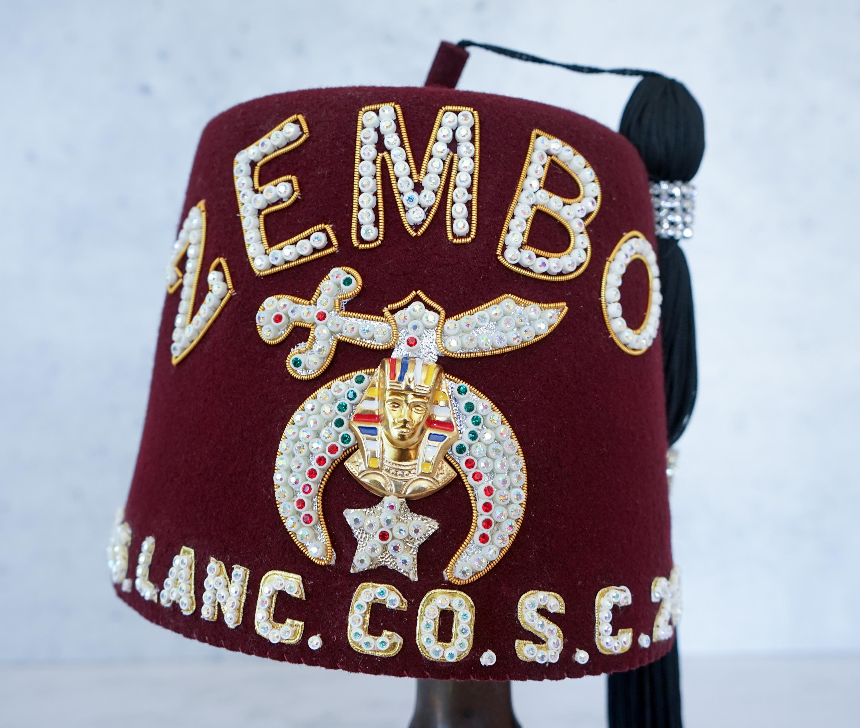 Vintage Men Jeweled Wool FEZ Hat With Case/ Zembo Shriners Masonic